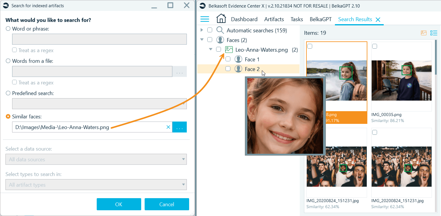 Similar face search from an uploaded picture in Belkasoft X