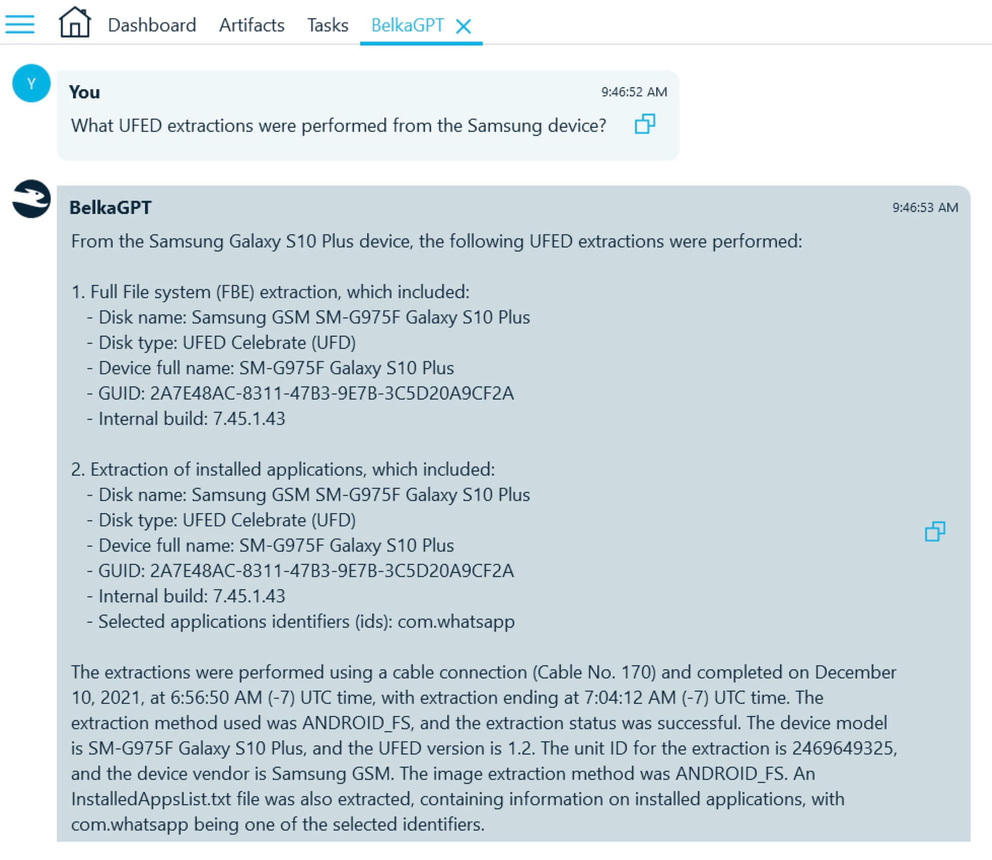 A screen capture of BelkaGPT's answer about a UFD source